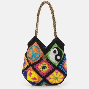 Kurt Geiger Black Crochet Patchwork Kensington Hobo Shoulder Bag NEW Peace Love